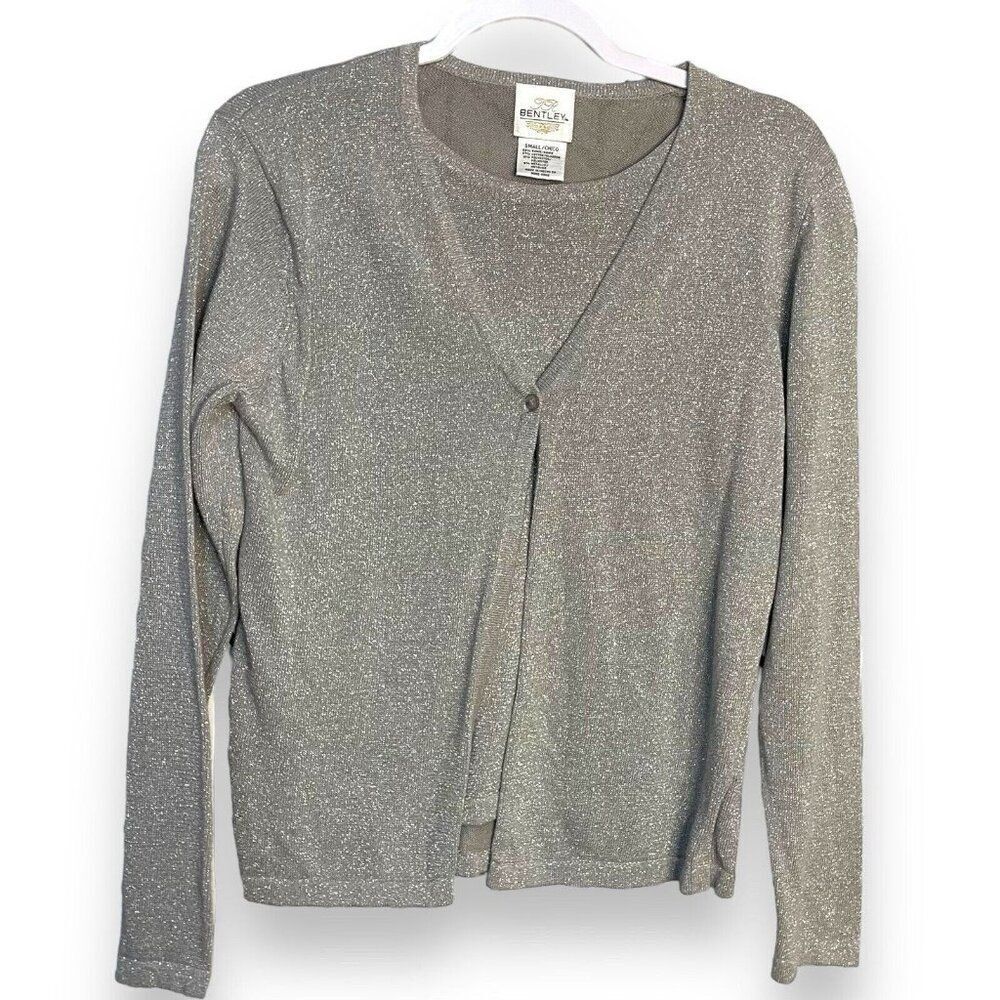TR Bentley Twofer Blouse Women's Small Gray Metallic Cardigan Knit Modest Casual